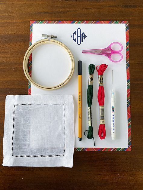 DIY Embroidered Cocktail Napkins - Carly the Prepster Carly The Prepster, Embroidered Cocktail Napkins, Embroidery Napkins, Diy Cocktails, Beginner Embroidery, Diy Napkins, Embroidered Napkins, Down The Rabbit Hole, Embroidery Materials