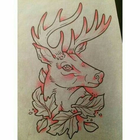 . Oak Leaf Tattoos, Deer Head Tattoo, Neo Traditional Art, Deer Tattoo Designs, Hunter Tattoo, Tier Tattoo, Rose Flower Tattoos, Deer Tattoo, Spooky Tattoos