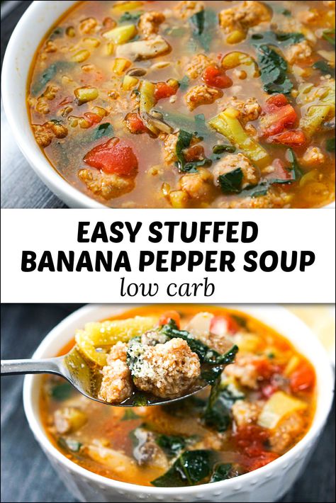 Healthy Banana Pepper Recipe, Leftover Sausage And Peppers, Stuffed Hot Pepper Soup, Stuffed Banana Pepper Soup, Banana Pepper Soup Recipe, Hot Pepper Soup, Sausage And Pepper Soup, Soup Italian Sausage, Banana Pepper Recipe