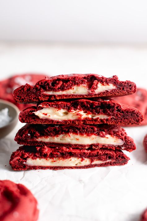 Cheesecake-Stuffed Red Velvet Cookies - The Little Holly That Could Stuffed Red Velvet Cookies, Cheesecake Pops, Velvet Cookies, Red Velvet Cake Mix, Red Velvet Cookies, Cheesecake Filling, Different Cakes, Box Cake Mix, Baked Dessert Recipes