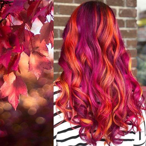 Disney Inspired Hair Color, Unique Hair Ideas Color, Bright Fall Hair Color Ideas, Red And Rainbow Hair, Purple And Peach Hair, Vivid Fall Hair Color Ideas, Vivid Peekaboo Hair, Burgundy And Orange Hair, Fun Red Hair