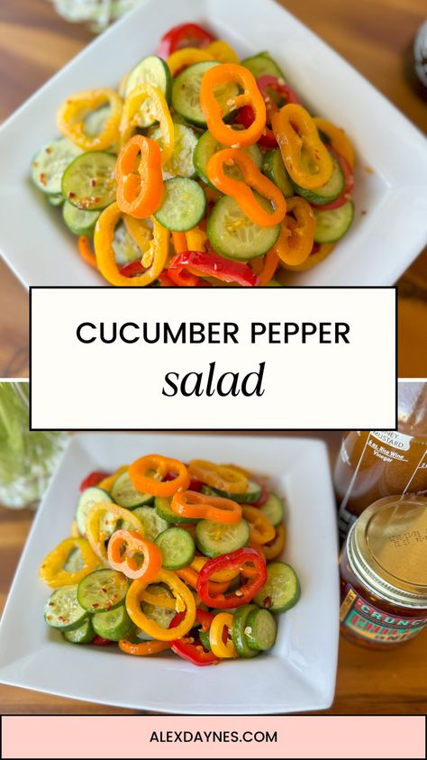 This viral cucumber pepper salad is sweet, savory, and flavorful! It’s crisp and refreshing and comes together in just 10 minutes. It’s made using mini cucumber and bell peppers, resulting in a delicious and easy salad! The homemade ginger dressing is easy to throw together. This recipe makes eating raw vegetables so much better. Make it with me! Mini Cucumber Salad, Cucumber Pepper Salad, Viral Cucumber, Raw Vegetable Salad, Eating Raw Vegetables, Homemade Spring Rolls, Pepper Salad, Chicken Ham, Raw Carrots