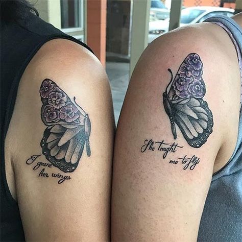 Daughter Butterfly Tattoo, Meaningful Mother Daughter Tattoos, Matching Butterfly Tattoos, Belly Tattoos For Women, Mum And Daughter Tattoo, Mother Daughter Symbol, Mommy Daughter Tattoos, Mandala Skull, Mom Daughter Tattoos