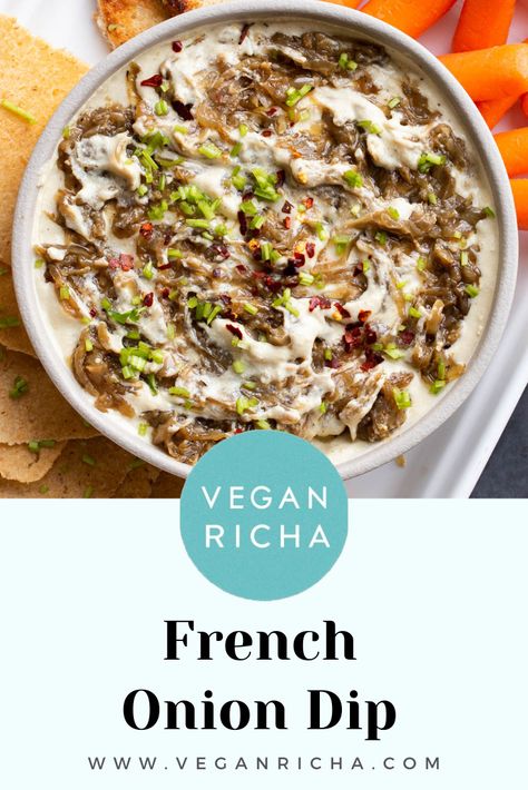 Lovers of French Onion Soup will LOVE this Vegan French Onion Dip - aka the vegan dip to beat all vegan dips! The caramelized onions are prepared in the Instant Pot- the most hands-off way of making this restaurant-style appetizer! Vegan Party Snacks, Instant Pot Vegan, Onion Dip Recipe, Vegan Dips, Spinach Artichoke Dip Recipe, Caramelized Onion Dip, Vegan French, Vegan Cheese Recipes, Vegan Worcestershire Sauce