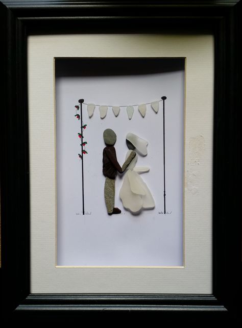 Wedding Stone Art, Wedding Pebble Art Ideas, Wedding Pebble Art, Pebble Art Wedding, Sea Glass Art Diy, Art Fundraiser, Art Wedding Gift, Sea Glass Art Projects, Box Frame Art