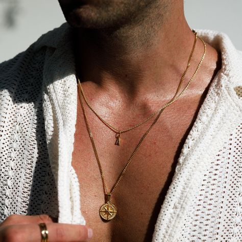 Mens Jewelry Gold, Necklace For Men Gold, Gold Compass Necklace, Compass Pendant Necklace, Small Gold Necklace, Gold Cuban Chain, North Star Pendant, Gold Necklace For Men, Chain With Pendant