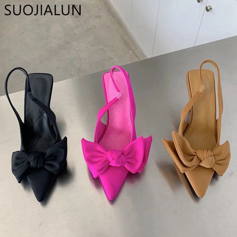 SUOJIALUN 2022 Summer Brand Women Slingback Sandals Shoes Fashion Bow knot Pointed Toe Slip On Ladies Elegant Dress Pumps Shoes|Ankle Boots| - AliExpress Peach Shoes, Bow High Heels, Party High Heels, Fashion Shoes Flats, Strappy Shoes, Green Heels, Loafer Shoes Women, Butterfly Knot, Suede Fashion