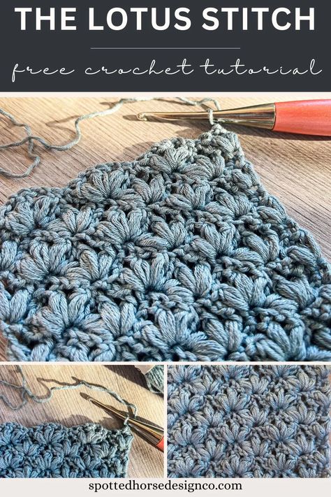 Lotus Crochet Stitch Tutorial - Spotted Horse Design Co. Lotus Stitch Crochet Pattern, Crochet With 3 Weight Yarn, Crochet Lotus Stitch, Lotus Stitch Crochet, Crochet Stitch Tutorial Videos, Open Weave Crochet Pattern, Fan Crochet Stitch, Jasmine Crochet Stitch, Flower Crochet Stitch