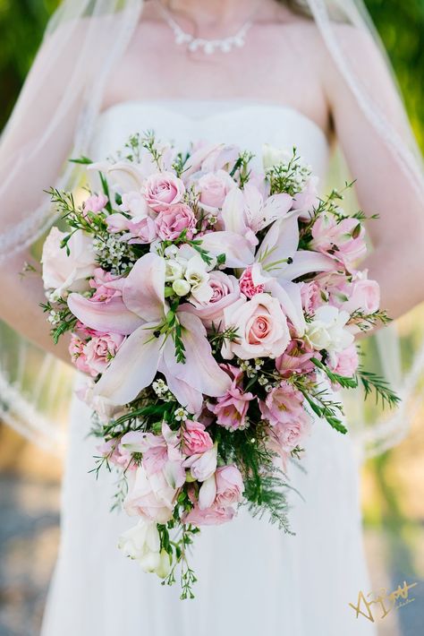 Bridal Bouquet. Small cascade, light pink lilies and pink roses. Beautiful pallet! Stargazer Lily Wedding Bouquet, Stargazer Lily Wedding, Light Pink Bouquet, Rose And Lily Bouquet, Pink Rose Wedding Bouquet, Lily Bridal Bouquet, Small Wedding Bouquets, Roses Romantic, Simple Wedding Bouquets