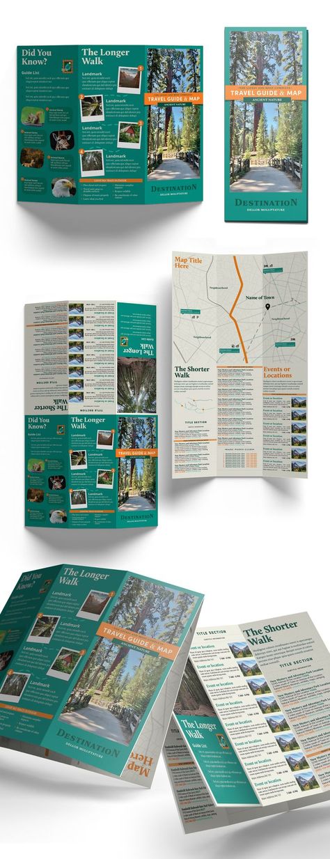 Double trifold travel and adventure print template Itinerary Brochure Design, Brochure Map Design, Visitor Guide Design, Travel Brochure Design Layout, Travelling Brochure, Trifold Brochure Design Creative, Resort Brochure Design, Brochure Design Travel, Travel Brochure Ideas