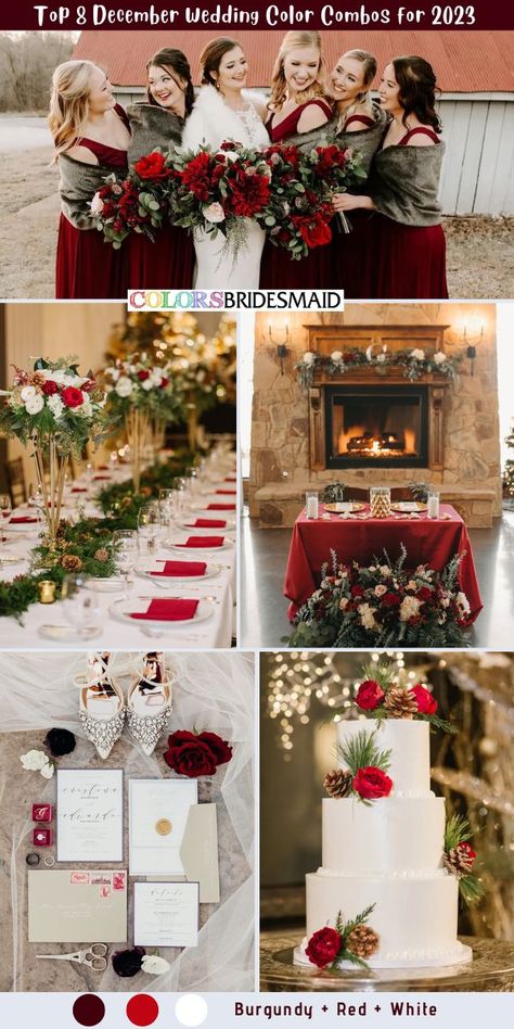 Burgundy, Red and White Wedding Color Combos 2023 Inspirations: Burgundy dresses for girls, white bridal gown, red bouquets, white table cloth, red table napkins, red and white centerpieces, main table with burgundy decorations and white wedding cakes with red and pine cones decorations. #colosbm #weddings #weddingideas #weddingcolors #bridesmaiddresses #2023 #burgundywedding #decemberweddings #winterweddings Red December Wedding, Red And White Centerpieces, Color Combos 2023, December Wedding Favors, December Wedding Colors, December Background, White Wedding Table Setting, Red Bouquets, December Images