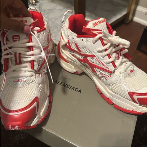 Serious Inquiries Only! Brand New Balenciagas Shoe Rotation, Red Balenciaga, Balenciaga Runner, Balenciaga Shoes Sneakers, Dream Shoe, Red Leather Shoes, Balenciaga Runners, White Balenciaga, Red Trainers