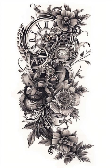 #tattoo #tattoos #tattooart #tattoodesign #tattoodesign #tattoogirl  #tattoosleeve #tattooflower Steam Punk Clock Tattoo, Steampunk Flower Tattoo, Gear Tattoo Mechanical, Steampunk Compass Tattoo, Steampunk Clock Tattoo, Gears Tattoo Design, Clock Gears Tattoo, Steampunk Tattoo Sleeve, Steampunk Tattoo Ideas