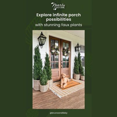 Nearly Natural - Discover a world of endless porch... | Facebook Winter Planter, Farmhouse Renovation, Cedar Trees, Faux Succulents, Nearly Natural, Grand Entrance, Striped Rug, Faux Plants, Live Plants