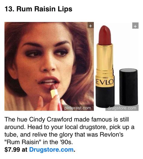 Reckon Rum Raisin Lipstick, Revlon Rum Raisin Lipstick, Rum Raisin Lipstick, 90s Lipstick Shades, 80s Lipstick, 90s Lipstick, Revlon Lipstick, 90s Makeup, Cindy Crawford