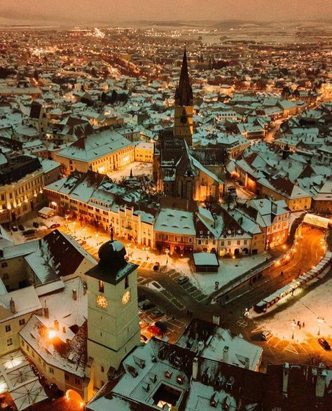 We like this winter shot captured from above by drone in the centre of Sibiu ❄️🌃, Romania🇷🇴.. ______________________________________ Photo… Sibiu Romania, Romania Travel, Collage Poster, Winter Travel, City Skyline, Paris Skyline, Romania, Places To Travel, Travel