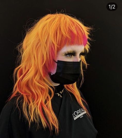 70s Glam Rock Hair, Hair Half Shaved, Orange And Red Hair, Orange And Pink Hair, Orange And Yellow Hair, Fire Hair Color, Shaved Long Hair, Bright Orange Hair, Pink And Orange Hair