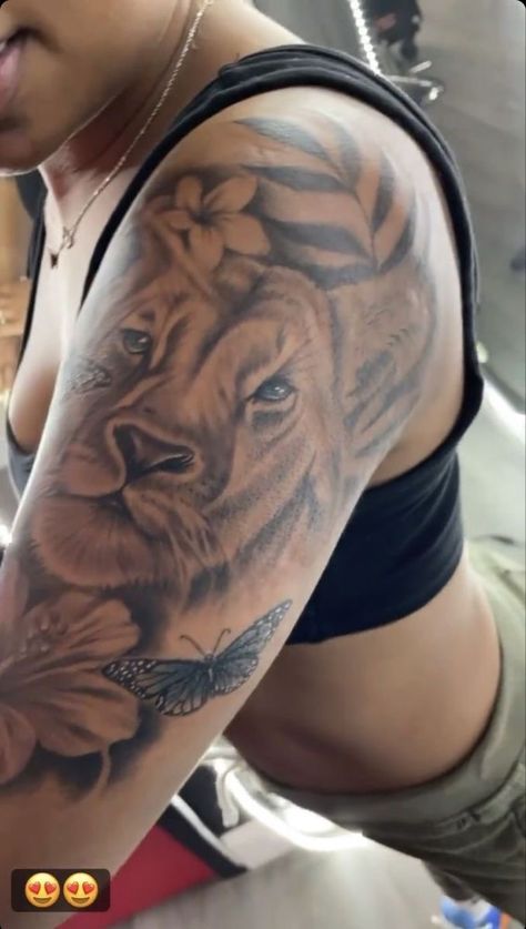 Flower And Lion Tattoos For Women, Lion Arm Tattoo Women, Feminine Lion Tattoo For Women, Leo Lion Tattoos For Women, Tiger Tattoo On Arm, Lion Sleeve Tattoo, Quarter Sleeve Tattoos For Women, Tattoo Designs Watercolor, Tattoo Designs Mandala