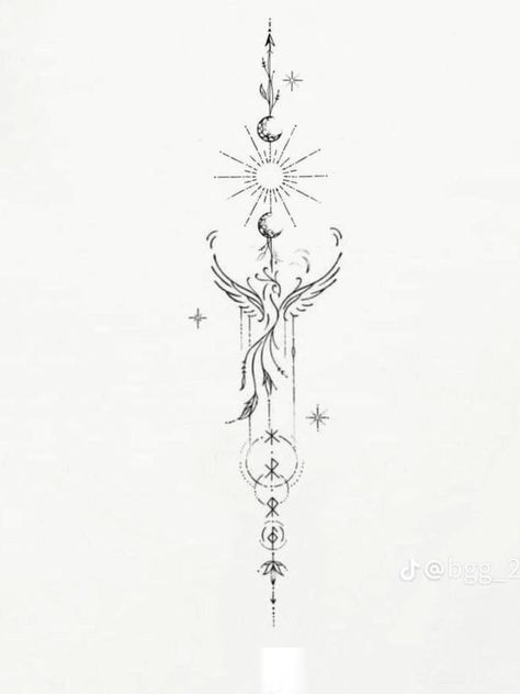 Astrological Spine Tattoo, Phoenix Tattoo Ribs, Phenoix Tattoos Back, Phoenix Spine Tattoos For Women, Phoenix Sternum Tattoo Women, Spine Back Tattoos For Women, Spine Tattoos Women, Female Spine Tattoos, Spine Tattoo Ideas Female