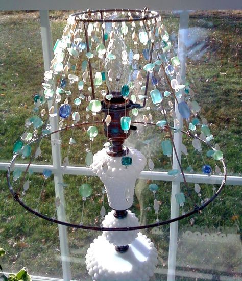 Hobnail Milk Glass Lamps, Part 2 – Shades | Frou FruGal Old Lamp Shades, Creative Lamp Shades, Luminaire Original, Beaded Lampshade, Milk Glass Lamp, Beaded Lamps, Lampshade Makeover, Old Lamps, Beach Diy