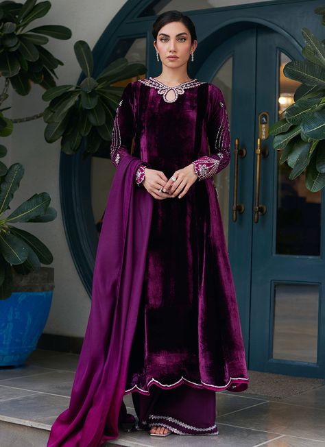 Party & Wedding Wear !!! Product Details: Color: Plum Fabric: Velvet Dupatta Fabric: Silk. Work Details: Embellished Sizes: Customized. Whatsapp us for Price and Details: +923118372484 Whatsapp link: https://wa.me/923118372484 Visit Our Website: https://fab-outfits.com/ Worldwide delivery Available. Velvet Pakistani Dress, Indian Wedding Reception Outfits, Velvet Suit Design, Sleeved Velvet Dress, Velvet Dress Designs, Satin Fashion, Latest Bridal Dresses, Latest Dress Design, Hand Embroidery Dress