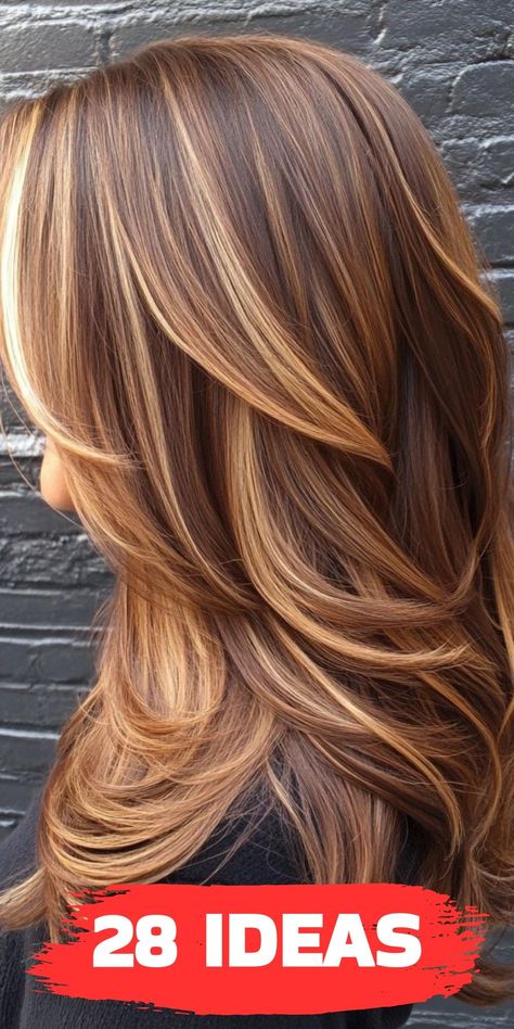 "Rich Autumnal Hair Colors for Brunettes at Homecoming" Fall Highlights Light Brown Hair, Reddish Blonde Brown Hair, Copper Blonde And Brown Hair, Fall Bayalage Hair, Caramel Glaze Hair, Bold Highlights For Brown Hair, Light Brown With Copper Highlights, Salted Caramel Hair Color, Haircolors Trends 2024