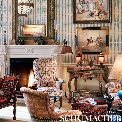 Glamour Living Room Decor, Fern Tree, Maximalist Living Room, Double Height Living Room, Schumacher Wallpaper, Sky Wallpaper, Eclectic Living Room, Chic Living Room, Dream Living