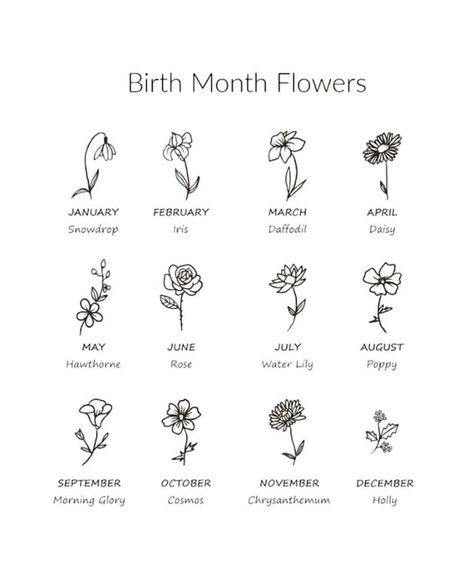 Tattoo Behind Arm Above Elbow Women, Tattoo Chart, Birthday Month Flowers, Mothers Day Jewelry, Flower Chart, Drawing Designs, Petite Tattoos, Birth Flower Tattoos, Jewelry Flower