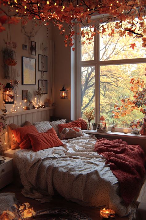 Bedroom with soft, inviting lighting perfect for relaxing during fall evenings. Fall Room Aesthetic, Autumn Bedroom Decor, Autumn Room, Cozy Fall Bedroom, Dream Bedroom Inspiration, Earthy Decor, Fall Bedroom Decor, Halloween Bedroom, Earthy Bedroom