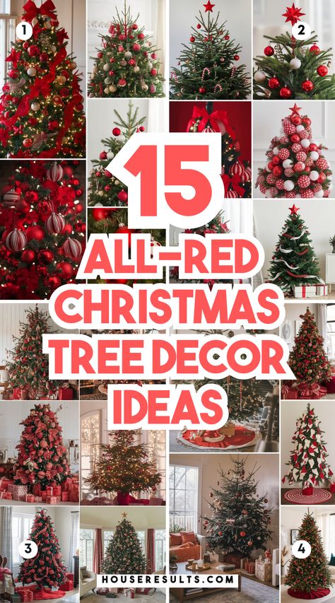 Celebrate Christmas with a stunning all-red tree! 🎄❤️ Check out these gorgeous ideas for red Christmas tree ornaments, ribbons, and lights. This vibrant decor theme will add warmth and beauty to your holiday celebrations. Don’t forget to save this pin for future decorating inspiration! 📌✨ Red Christmas Tree Ornaments, Red And White Christmas Tree Decor Ideas, Red Christmas Tree Topper, Red Christmas Trees, Red Christmas Decorations, Decorating Christmas Trees, Christmas Tree Decor Ideas, Tree Decor Ideas, Vibrant Decor