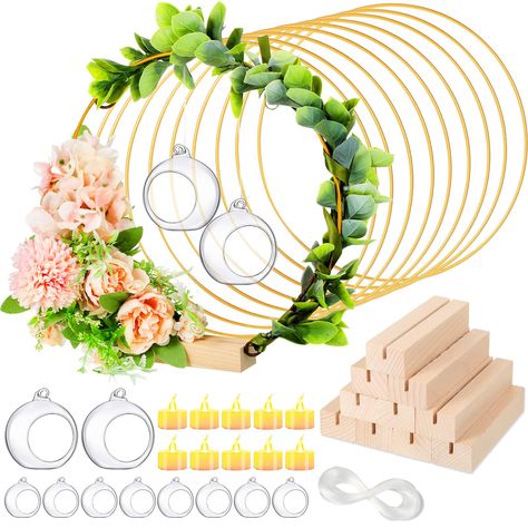 PRICES MAY VARY. Ideal Wedding Party Decoration: you will receive 10 pieces of floral metal rings for crafts, 10 pieces of wooden wreath holder stand, 10 pieces of hanging candle globes, 10 pieces of LED candles, and 1 roll of fishing line; Enough quantity and ideal combination can meet your decoration needs Proper Size: the floral hoop is about 10 inches/ 25 cm in diameter, the centerpiece stand is about 3.9 x 1.2 x 0.8 inches/ 10 x 3 x 2 cm, and notch of the stand is about 0.12 inches/ 3 mm, t Diy Wedding Wreath, Hoop Centerpiece, Wreath Macrame, Candle Globes, Floral Hoop Wreath, Wreath Holder, Wooden Wreaths, Floral Candle, Hanging Candles