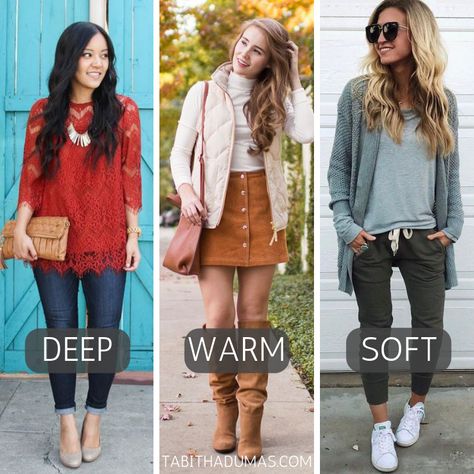 Shop on purpose! Before you buy any fall clothes, do these five things. Fall outfits. Fall outfit ideas. What to wear for Thanksgiving. Tabitha Dumas Phoenix Image Consultant deep warm soft color code Deep Autumn Light Colors, Soft Autumn Color Names, Deep Autumn Examples, Warm Skin Tone Colors, Soft Autumn Celebrity Examples, Elemental Colour Soft Autumn, Deep Autumn Color Palette, Bright Colored Outfits, Warm Skin Tone