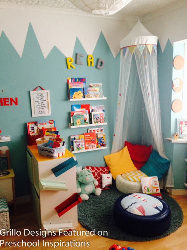 Cozy Corner with Tire Tutorial by Preschool Inspirations-6 Cosy Corner Ideas Preschool, Toddler Library Corner, Cosy Corner Preschool, Toddler Cozy Corner, Kids Library Corner, Cozy Corner Preschool, Reading Corner Kids Room, Home Daycare Rooms, Preschool Inspirations