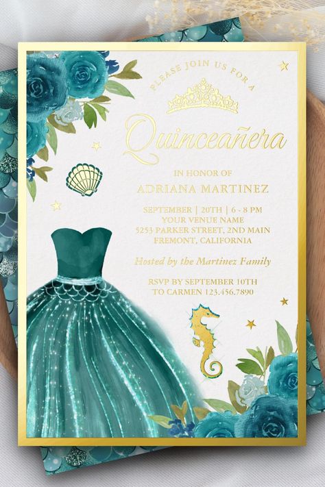 Under the Sea Teal Dress Mermaid Quinceanera Gold Foil Invitation Sea Theme Invitations, Theme Quinceanera, Quinceanera Theme, Gold Foil Invitation, Mermaid Birthday Invitations, Dress Mermaid, Foil Invitations, Sea Theme, Ocean Theme