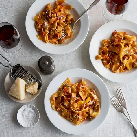 Al Cantunzein’s Pappardelle With Sausage and Peppers Recipe | Epicurious Traditional Bolognese, Sausage And Peppers Recipe, Pasta Restaurants, Favorite Pasta Recipes, Filled Pasta, Bell Pepper Recipes, Onion Sauce, Sausage And Peppers, Sugary Food