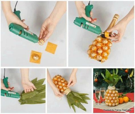 Charm the fancy pants off of your party guests by dressing up a bottle of champagne in a pineapple costume made of Ferrero Rocher. Pineapple Crafts, Hadiah Diy, Fiesta Tropical, Pineapple Parties, Hawaii Party, Luau Theme, Wine Bottle Covers, Hawaiian Party, Luau Party