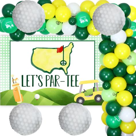 PRICES MAY VARY. Golf Themed Birthday Party: The package come with 50 latex balloons 12 inches (15 fruit yellow, 15 dark green, 20 golf theme printed); 14 latex balloons 5 inches (7 fruit yellow, 7 dark green); 4 golf foil balloons 18 inches; 1 3 x 5ft backdrop; 1 balloon tape strip; 1 roll of adhesive dot; 2 white ribbon. Exquisite Backdrop: Lets Partee backdrop special designed for golf theme birthday party, with silhouette of golf course characterize, bright and colourful design, simulation p Golf Table Decorations, Golf First Birthday, Adult Birthday Decorations, Golf Theme Party, Party Decorations Kids, Golf Party Decorations, Golf Birthday Party, Masters Golf, Golf Theme