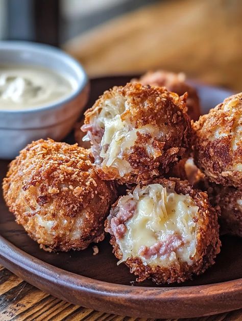 Crispy Reuben Balls Recipe – A Delectable Twist on a Classic Sandwich Reuben Balls With Spicy Thousand Island Dipping Sauce, Mini Rueben Appetizer, Ruben Appetizer, Reuben Balls Recipe, Crispy Reuben Balls, Rueben Balls, Ruben Balls, Rueben Appetizers, Kraut Balls Recipe