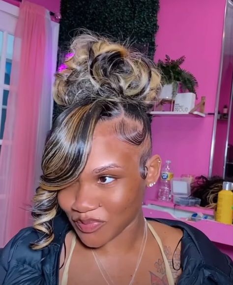 Updo Hairstyles For Black Women With Color, Curly Bun Updo Prom, Black Updo Hairstyles Natural, Natural Bridesmaids Hairstyles, Updo Weave Black Women, Curly Bun Hairstyles For Black Hair Weave, Updo With Weave For Black Women, Updo Braids For Black Hair Ponytail, Updo Weave Hairstyles