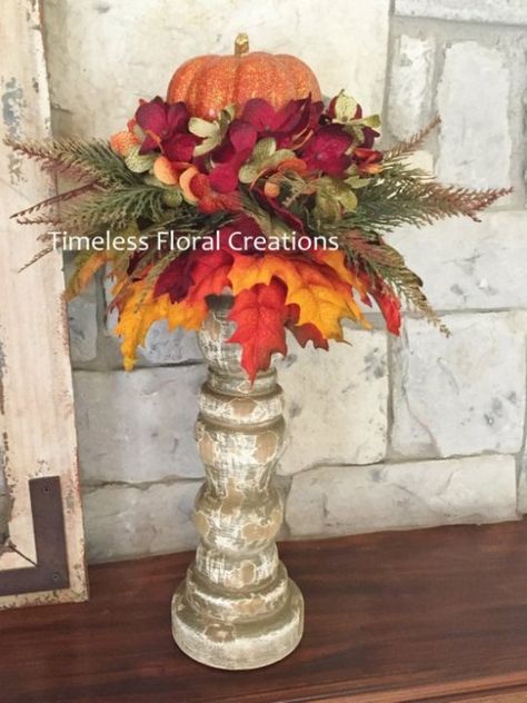 Fall Candlesticks, Pumpkin Candlesticks, Fall Mantels, Homecoming Decorations, Fall Floral Arrangement, Succulent Pumpkin, Harvest Fest, Fall Centerpieces, White Sunflower