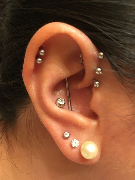 My Piercings. 3 lobes, conch, double cartilage, conch industrial, triple forward helix Vertical Industrial Piercing, Triple Conch, Vertical Industrial, Double Forward Helix Piercing, Bar Ear Piercing, Body Peircings, Halo Tattoo, Double Cartilage, Piercings Ideas