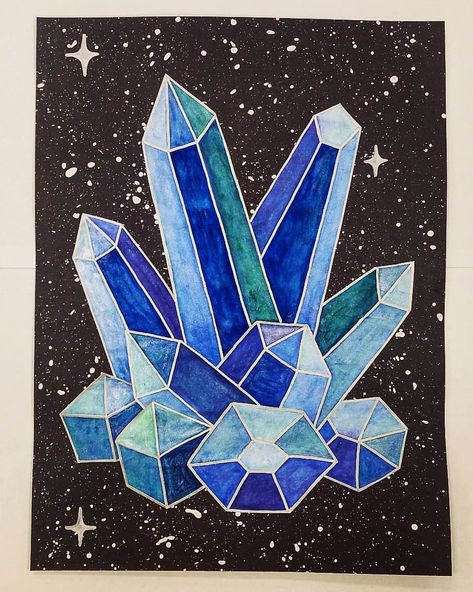 Crystal Art Project, How To Draw Crystals, Crystals Painting Acrylic, Painting With Crystals, Crystals Drawing, Watercolor Crystal Tutorial, Watercolor Crystal Painting, Collaborative Art Projects For Kids, Watercolor Crystal