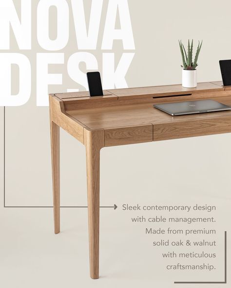 Crafted from solid oak and walnut, our Nova Desk is back in stock now in two sizes: Standard (51x26 in) & Large (60x30 in) | Instagram Solid Wood Writing Desk, Solid Oak, Walnut, Contemporary Design, Solid Wood, Desk, Wood, Design