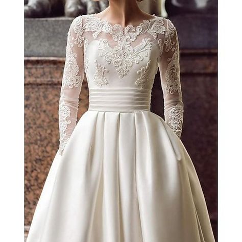 Silhouette:Princess,Ball Gown; Hemline / Train:Sweep / Brush Train; Closure:Covered Button; Fully Lined:Yes; Built-In Bra:Yes; Wedding Events:Engagement,Church; Embellishment:Pocket,Appliques; Fabric:Satin,Lace; Sleeve Length:Long Sleeve; Theme:Romantic; Boning:Yes; Style:Formal,Vintage; Waistline:Natural; Neckline:Scoop Neck; Trends:See-Through; Front page:Wedding Dresses; Listing Date:05/16/2020; Bust:; Hips:; Hollow to Floor:; Waist:; Jacket Wrap:No Long Sleeve Satin Wedding Dress, Modest Long Sleeve Wedding Dresses, Wedding Dress Jacket, Jeweled Wedding Dress, Satin Bridal Gowns, Lace Applique Wedding Dress, Modest Wedding Dress, A Line Bridal Gowns, Wedding Dress With Pockets