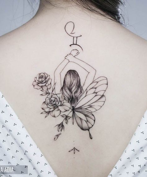 Sun Moon Gemini Tattoo, Floral Gemini Tattoo, Tattoo Ideas Gemini Unique, Back Tattoo Women Gemini, Fairy Spine Tattoos For Women, Gemini Back Tattoo Women, Gemini Fairy Tattoo, Tattoo Ideas Female Gemini, Gemini Tatoos Ideas