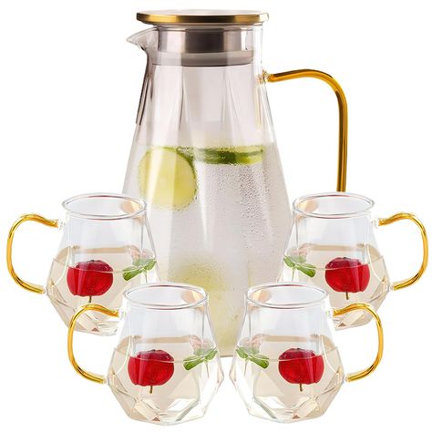 PRICES MAY VARY. Quantity:This set comes with 1 pitcher 53oz/1.5L diamond pattern,with 4 cups 10oz/300ml.making it perfect for serving your whole family. Heat&cold Resistant:The glass jug can withstand the temperature from -4℉ to 302℉,can be heated directly with an open flame or induction cooker,or placed directly in the refrigerator for cooling.making it perfect for a wide range of beverages. Large Pitcher Glass Jug:Large capacity kettle,The handle is enlarged and thickened, making it easy to h Juice Station, Juice Carafe, Milk Drinks, Glass Water Jug, Water Jugs, Refreshing Beverages, Tea Brewing, Juice Pitcher, Tea Pitcher