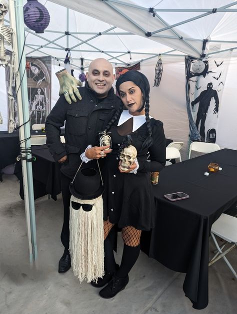 Wednesday Addams And Uncle Fester, Uncle Fester Costume Diy, Wednesday Addams Couple Costume, Wednesday Adams Couple Costume, Fester Addams Costume, Wednesday And Uncle Fester, Wednesday Costumes Women, Uncle Fester Wednesday, Adult Wednesday Addams Costume