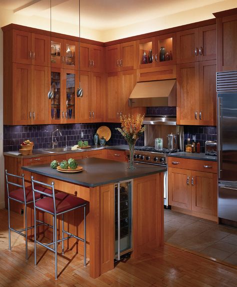 16 Classy Kitchen Cabinets Made Out Of Cherry Wood Cherry Wood Kitchen Cabinets, Craftsman Style Kitchens, Craftsman Style Kitchen, Cherry Wood Kitchens, Wooden Kitchen Cabinets, Brown Kitchen Cabinets, Classy Kitchen, Cherry Kitchen, Shaker Kitchen Cabinets