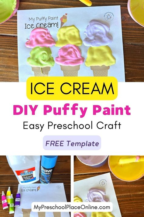 Here's a fun summer ice cream craft to do with your preschoolers. This puffy paint ice cream cone craft is easy, fun, and sensory! We'll show you how to make homemade puffy paint and use it to create ice cream cone art. Plus, our FREE cone template makes it even easier - just download now and start crafting away! Your little ones will love playing around with different colors of puffy paint and creating unique "flavors" each time. Get the free template and directions on the blog now! Puffy Paint Ice Cream Cone, Ice Cream Craft For Toddlers, Ice Cream Puffy Paint, Puffy Paint Ice Cream, Ice Cream Ideas, Ice Cream Cone Craft, Ice Cream Craft, Cool Crafts For Kids, Homemade Puffy Paint