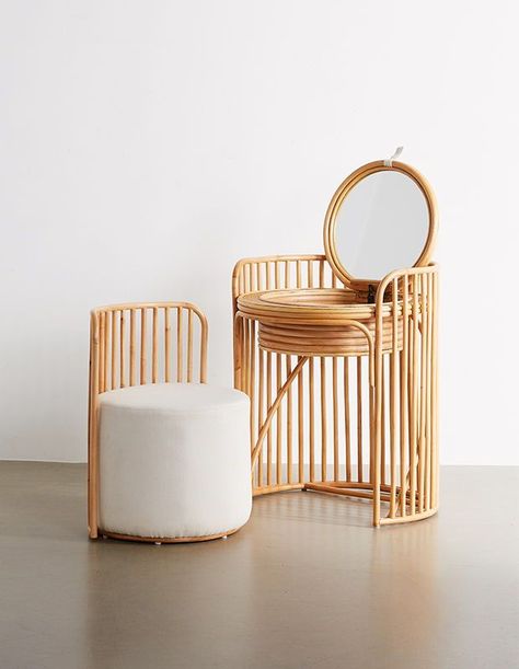 This rattan table and stool fit perfectly together to create a stylish and small space–friendly bedroom accent. | Products: The Elise, Urban Outfitters. Elise Vanity, Rattan Vanity, Vanity Table Set, Furniture Material, Deco Boheme, Vanity Stool, Vanity Table, A Mirror, Marie Antoinette